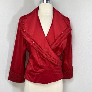 Jackie Jon Red Taffeta Beaded Blouse Top Sz 14 Lined 3/4 Sleeves Cocktail Party